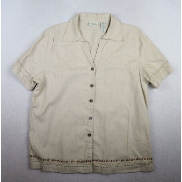 CLASSIC ELEMENTS - WOMEN'S BEIGE LINEN BLEND SHORT SLEEVE BUTTON-UP TOP - SIZE M - Picture 1 of 13